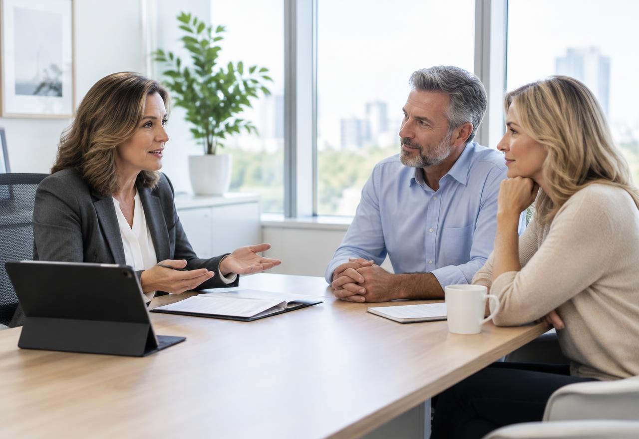 Illustrative financial professional discussing planning with a couple